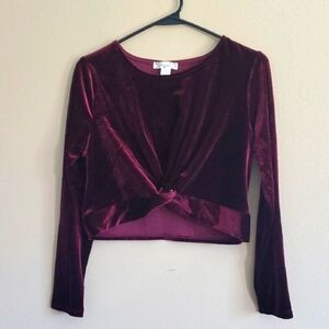 Knitworks Burgundy Velvet Twist Front Blouse Crop